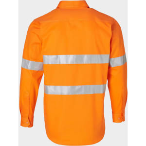 A men's long-sleeve drill shirt in high-visibility orange, featuring reflective 3M tape stripes.
