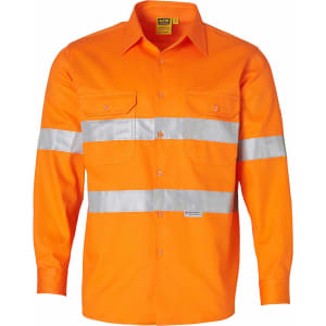An orange long-sleeve drill shirt featuring reflective 3M tape and two chest pockets, with branding on the label.