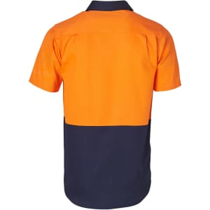 A two-tone short-sleeve cotton work shirt featuring orange and navy blue colours, with a logo on the back.