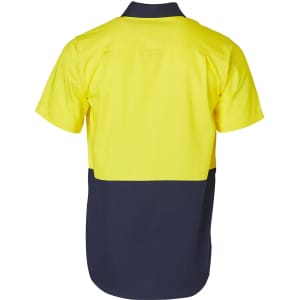 A two-tone short-sleeve cotton work shirt featuring a bright yellow upper and navy blue lower section with a logo.