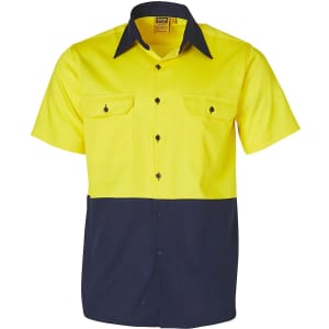 A short-sleeved cotton work shirt featuring a high-visibility yellow and navy two-tone design, with pockets and a branded label.