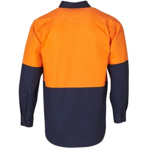 A long-sleeve work shirt in orange and navy, featuring a logo on the back.