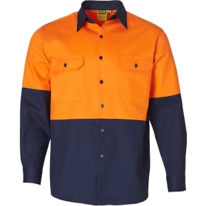 A long-sleeve work shirt in orange and navy blue, featuring a logo and two chest pockets.