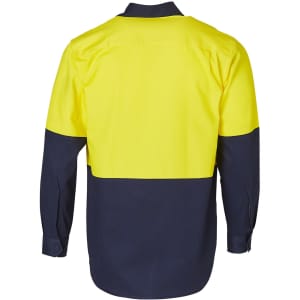 A Hi-Vis long sleeve cotton drill shirt in yellow and navy with a logo. Perfect for workwear.