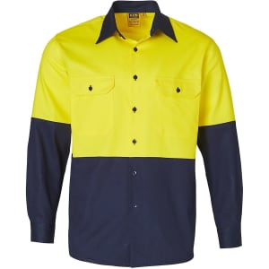 A long-sleeved cotton drill work shirt in high visibility yellow and navy blue, featuring two chest pockets and a logo.