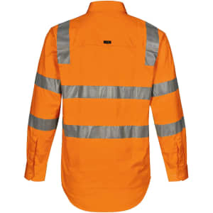 An orange safety shirt with reflective strips across the back. Features long sleeves and a collar. Includes a logo.