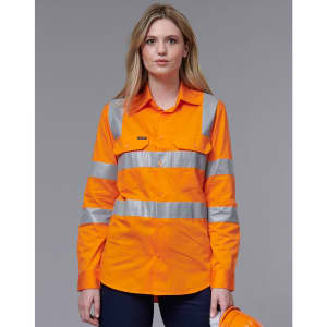 A high-visibility orange work shirt with reflective stripes, featuring a collar and buttons, and a logo.