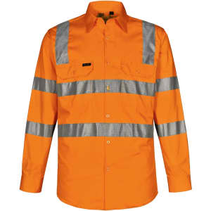 An orange long-sleeve work shirt featuring reflective silver stripes and a pocket, with a logo present.