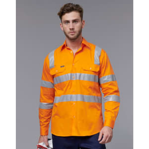 An orange work shirt with reflective silver stripes, featuring two chest pockets and a logo on the front.
