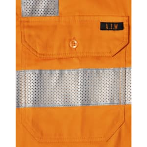 An orange work shirt with reflective silver strips and a small pocket featuring an embroidered logo.