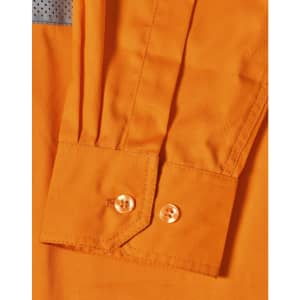 An orange work shirt featuring cuff details and a textured panel, with a logo visible on the fabric.