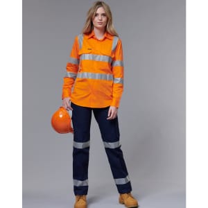 An orange high-visibility work shirt with reflective stripes, paired with navy trousers, featuring a logo.