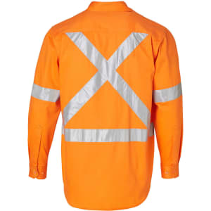 An orange long-sleeve drill shirt with reflective 3M tape, featuring a cross pattern on the back and a logo.