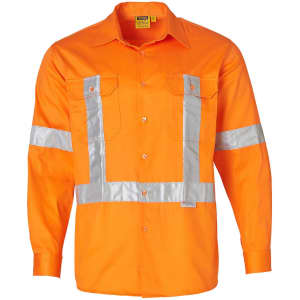 An orange long-sleeve shirt featuring reflective silver stripes and pockets, designed for safety wear. It has a logo.