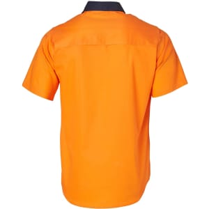 A Hi-Vis two-tone short-sleeve cotton work shirt in bright orange with a navy collar and branding.
