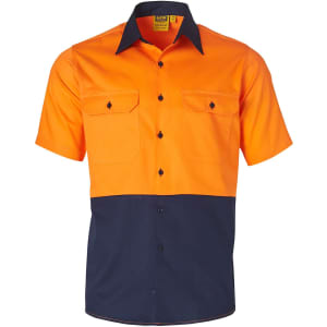 A Hi-Vis short-sleeve cotton work shirt featuring a two-tone design in orange and navy blue, with a logo.