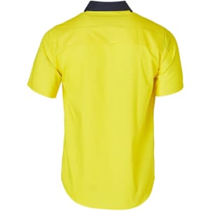 A Hi-Vis two tone short-sleeve work shirt, featuring yellow fabric with a contrasting dark collar, and a logo.