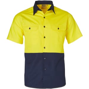A short-sleeved work shirt featuring a high-visibility yellow upper and navy blue lower section, with two front pockets.