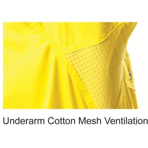 A close-up of a bright yellow fabric featuring underarm mesh ventilation, designed for breathability in safety shirts.