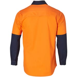A Hi-Vis two tone long-sleeve cotton work shirt in orange and navy, featuring a logo on the back.