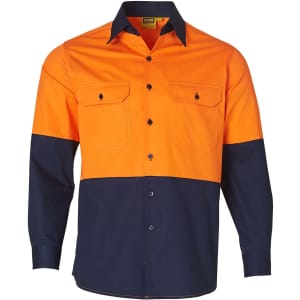 A Hi-Vis long-sleeve cotton work shirt in orange and navy, featuring two chest pockets and a logo.