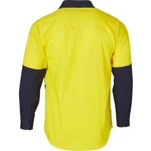 A two-tone long-sleeve work shirt featuring a bright yellow body with navy blue sleeves and a logo.