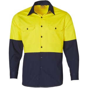 A Hi-Vis two-tone long-sleeve work shirt in bright yellow and navy blue, featuring two front pockets and a logo.