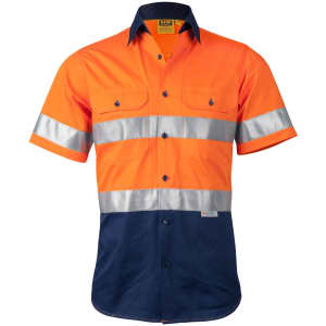 A short-sleeved safety shirt in orange and navy, featuring reflective silver stripes and a logo.