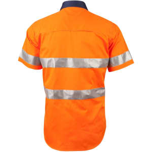 A bright orange safety shirt with silver reflective strips and a dark collar, designed for visibility and safety.