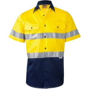 A short-sleeved safety shirt featuring a bright yellow top half, navy blue bottom, and reflective silver stripes.