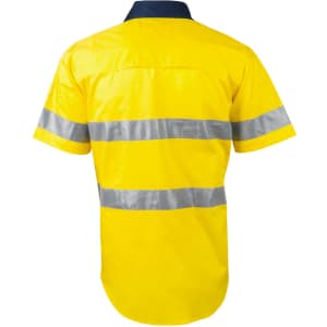 A bright yellow short-sleeved safety shirt with reflective silver stripes and a navy collar, featuring a logo.