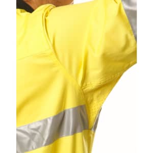 A yellow cotton drill shirt with 3M reflective tape details, featuring a logo on the fabric.