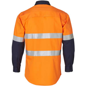 An orange and navy cotton drill shirt featuring reflective 3M tape, designed for workwear use. Includes a logo.