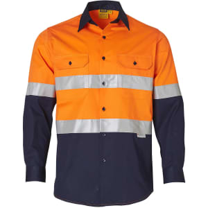 A work shirt featuring high-visibility orange and navy colours, with reflective stripes and two chest pockets.