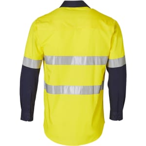 A high-visibility cotton drill shirt in fluorescent yellow with reflective 3M tape and navy sleeves. Features a branded logo.