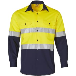 A high-visibility cotton drill shirt featuring yellow and navy colours with reflective stripes and a branding label.