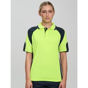 A bright yellow and navy polo shirt with short sleeves and contrast sleeve panels. Features a logo on the chest.