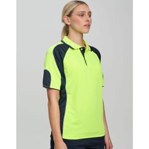 A bright yellow and navy polo shirt featuring sleeve panels and a logo, designed for workwear.