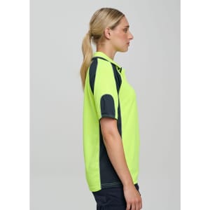 A side view of a high-visibility lime green polo shirt with navy sleeve panels and a logo.
