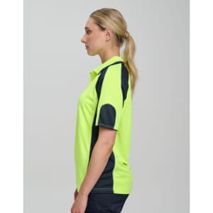 A side view of a men's bright yellow polo shirt with navy sleeve panels and a logo on the chest.
