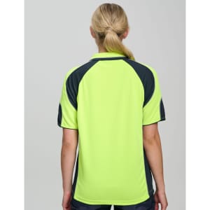 A women's high-visibility polo shirt in bright lime green with contrasting dark sleeves and collar, featuring a logo.