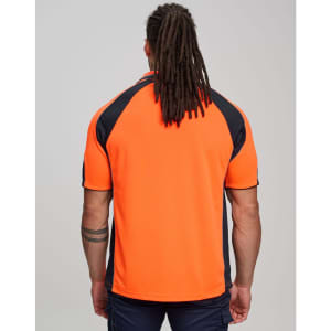 Men's Hi-Vis polo shirt featuring bright orange with navy sleeve panels, and a logo on the back.