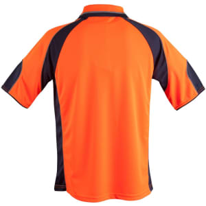 A back view of a men's polo shirt in high-visibility orange with navy blue sleeve panels. It features a logo.