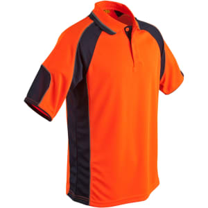 A bright orange polo shirt with navy sleeve panels and a logo, designed for workwear.