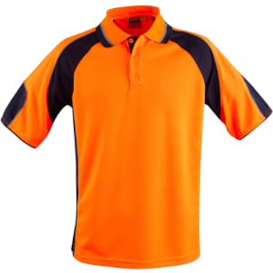 A hi-vis polo shirt in bright orange with navy sleeve panels and a collar, featuring a logo on the chest.