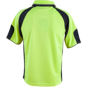 A Hi-Vis polo shirt in bright yellow with navy sleeve panels, featuring a logo on the back.