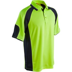 A bright green and navy blue men's polo shirt with sleeve panels and a collar, featuring a logo.