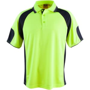 A bright yellow and dark navy polo shirt featuring contrast sleeve panels and a collar. Includes a logo.