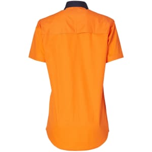 A short-sleeved safety shirt in bright orange with a navy collar, featuring a logo on the back.