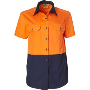 A short-sleeved safety shirt in bright orange and navy blue, featuring two chest pockets and a logo.